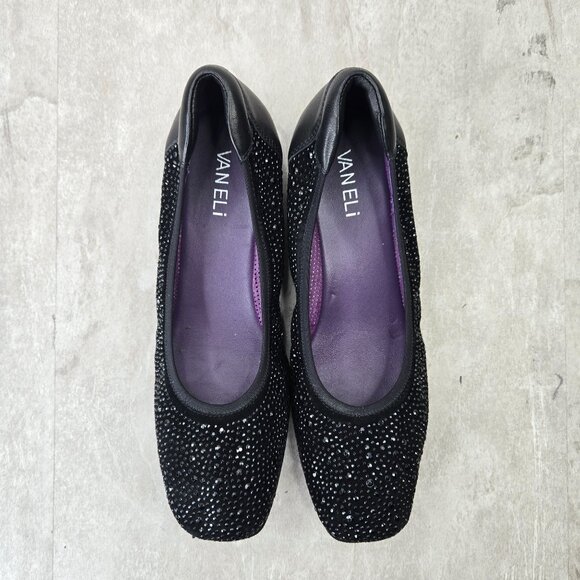 Vaneli Hidden Wedge Ballet Flats Sz 7 Black Suede Rhinestone Studded Dressy Shoe - Picture 2 of 11